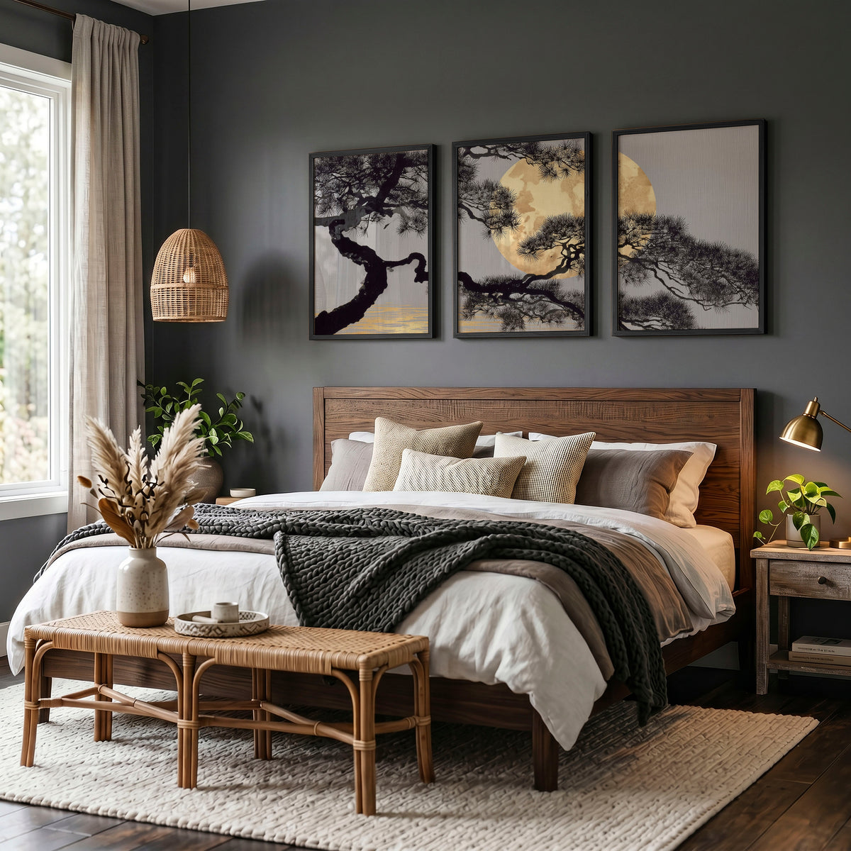 Japan Art Pine Tree & Full Moon wall art displayed on a wall in a styled room — view 3