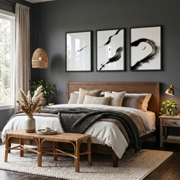 Japan Art Ink Brush Solitary Figure Black White Gold-Toned wall art displayed on a wall in a styled room — view 5