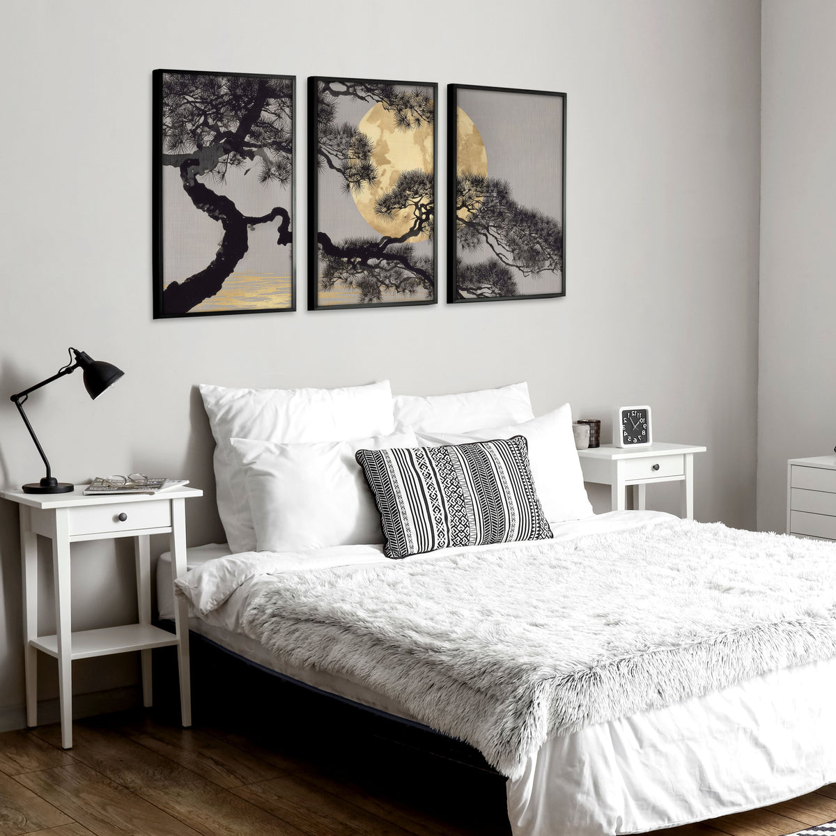 Japan Art Pine Tree & Full Moon wall art displayed on a wall in a styled room — view 6