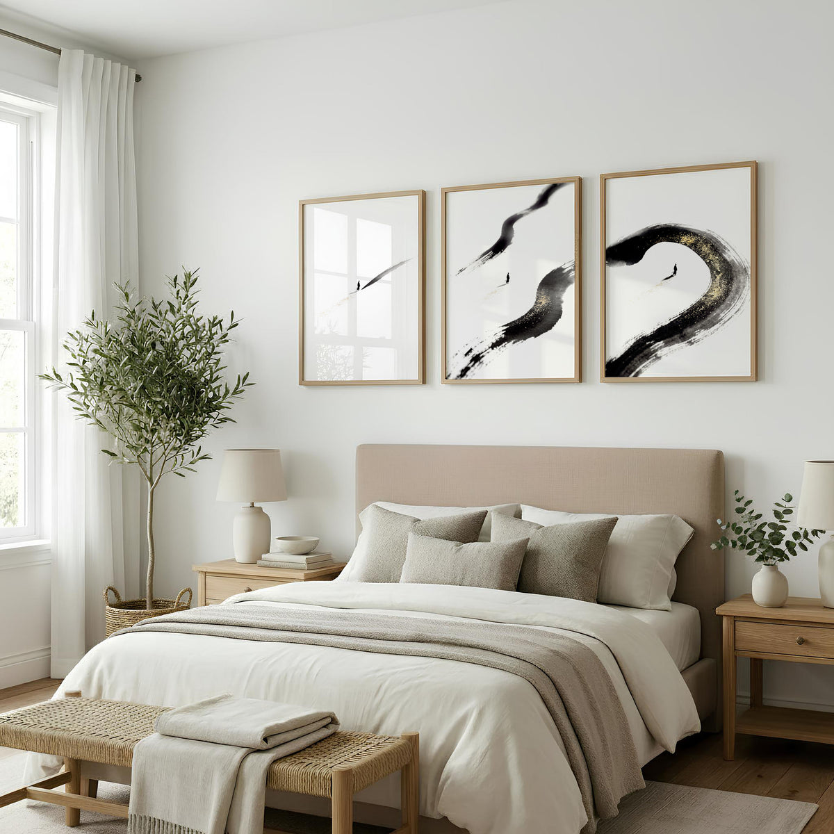 Japan Art Ink Brush Solitary Figure Black White Gold-Toned wall art displayed on a wall in a styled room — view 6