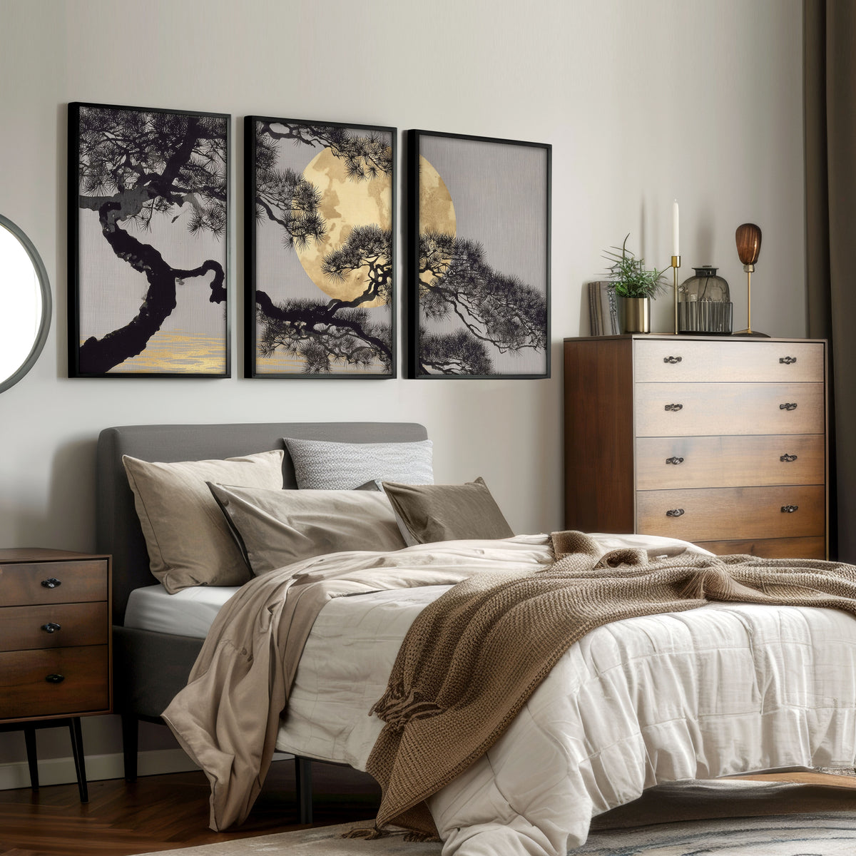 Japan Art Pine Tree & Full Moon wall art displayed on a wall in a styled room — view 7