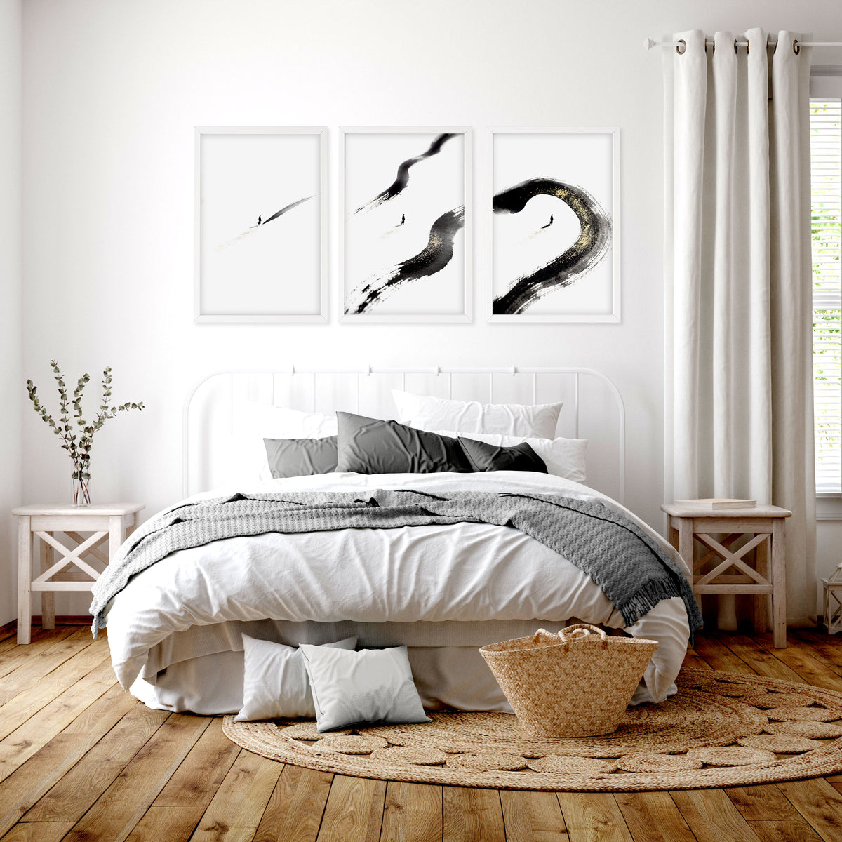 Japan Art Ink Brush Solitary Figure Black White Gold-Toned wall art displayed on a wall in a styled room — view 7