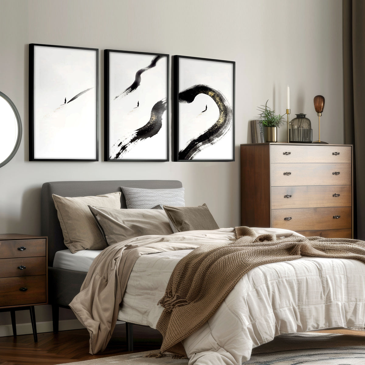 Japan Art Ink Brush Solitary Figure Black White Gold-Toned wall art displayed on a wall in a styled room — view 9
