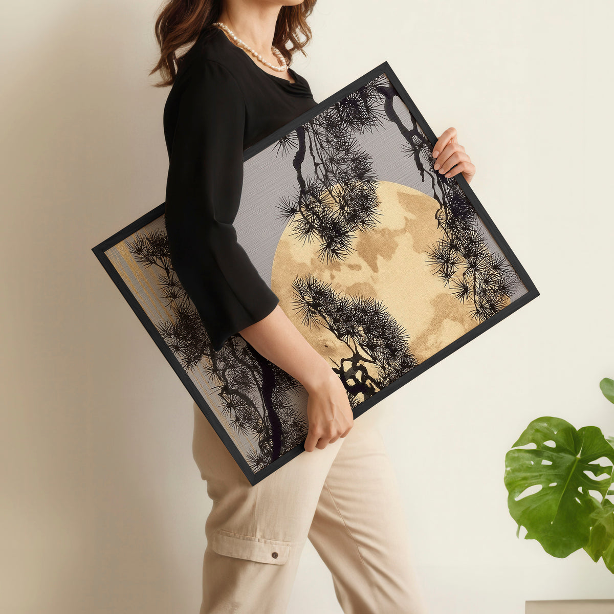 Japan Art Pine Tree & Full Moon wall art displayed on a wall in a styled room — view 9