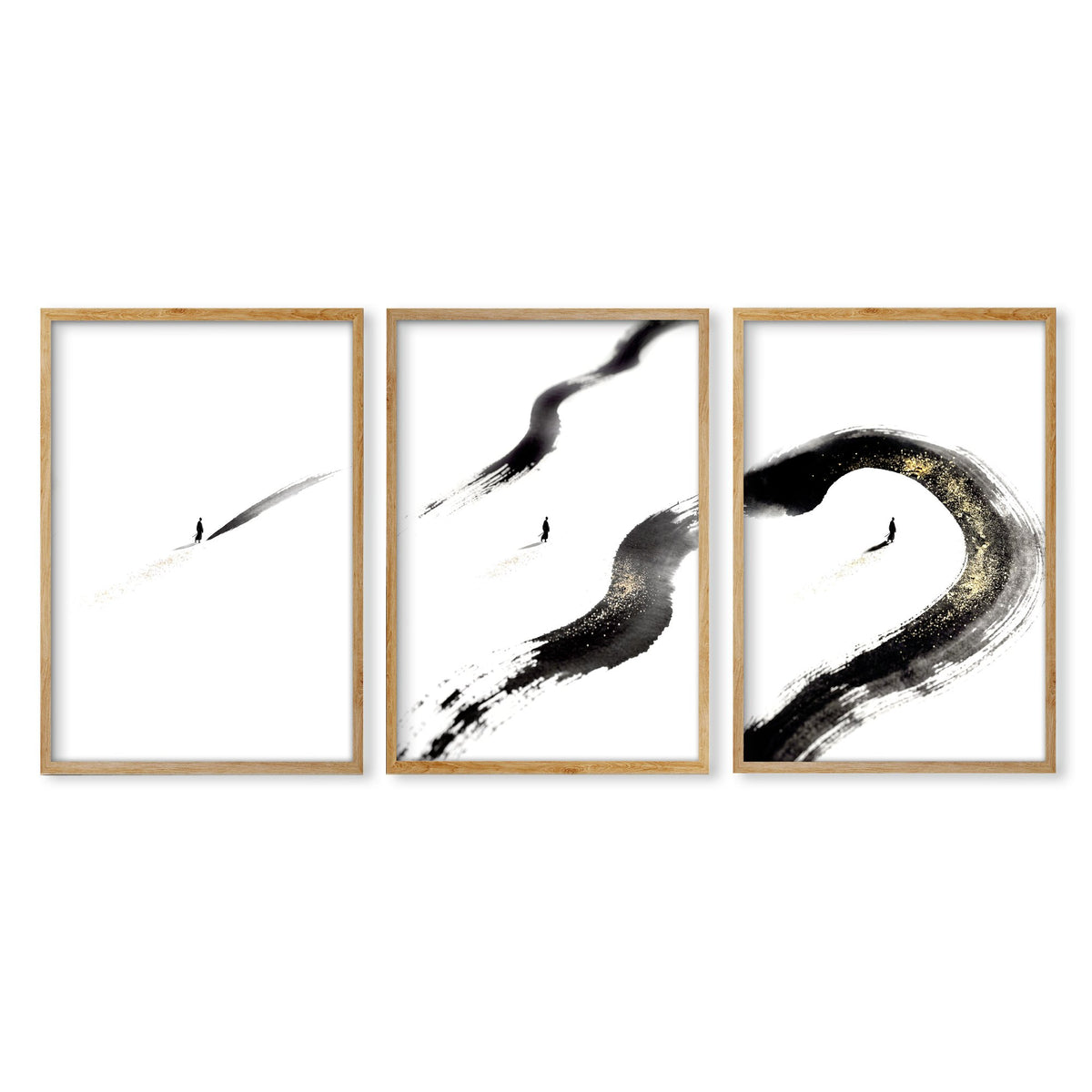 Japan Art Ink Brush Solitary Figure Black White Gold-Toned wall art in an oak frame
