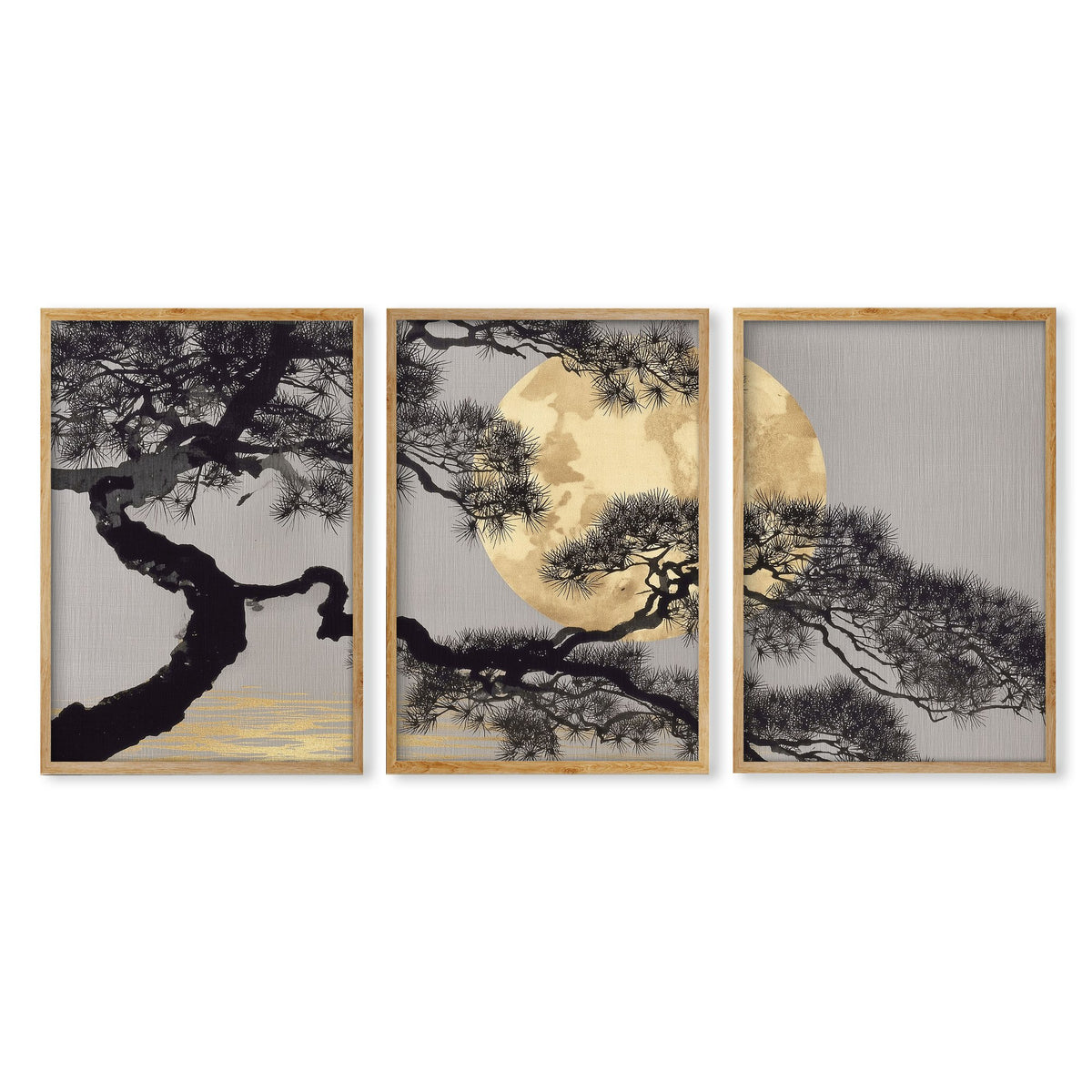Japan Art Pine Tree & Full Moon wall art in an oak frame
