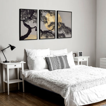 Japan Art Pine Tree & Full Moon Wall Art Prints | Set of 3