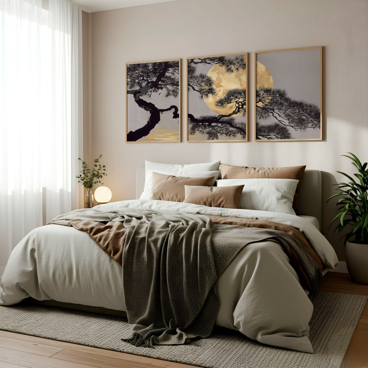 Japan Art Pine Tree & Full Moon Wall Art Prints | Set of 3