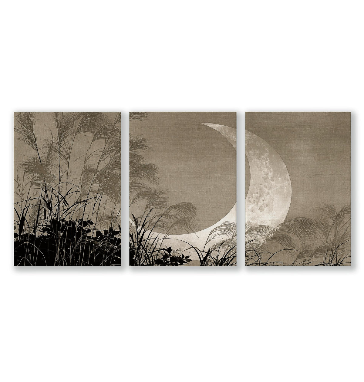 Japan Art wall art Crescent Moon & Pampas Grass Japandi Landscape as a wrapped canvas