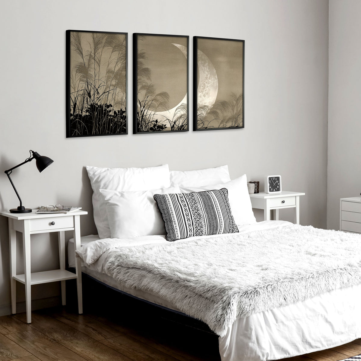 Japan Art Print Crescent Moon & Pampas Grass Japandi Landscape | Set of 3