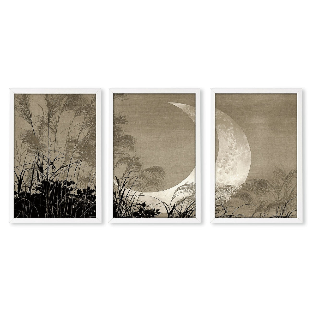 Japan Art Print Crescent Moon & Pampas Grass Japandi Landscape | Set of 3
