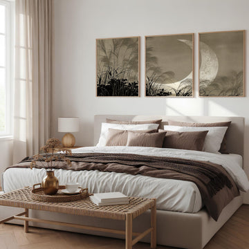 Japan Art Print Crescent Moon & Pampas Grass Japandi Landscape | Set of 3