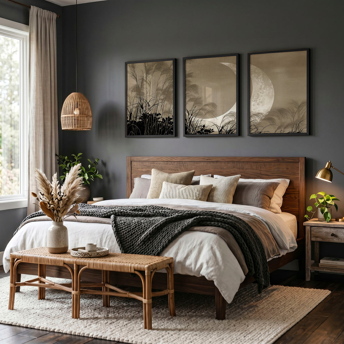 Japan Art wall art Crescent Moon & Pampas Grass Japandi Landscape displayed on a wall in a styled room — view 2
