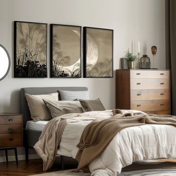 Japan Art wall art Crescent Moon & Pampas Grass Japandi Landscape displayed on a wall in a styled room — view 6