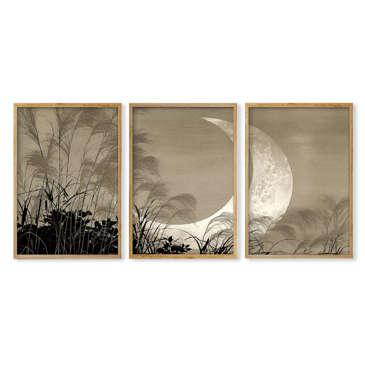 Japan Art wall art Crescent Moon & Pampas Grass Japandi Landscape in an oak frame