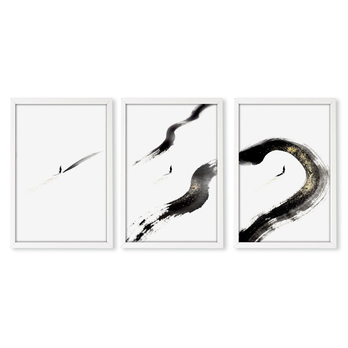 Japan Art Ink Brush Solitary Figure Black White Gold-Toned wall art in a white frame