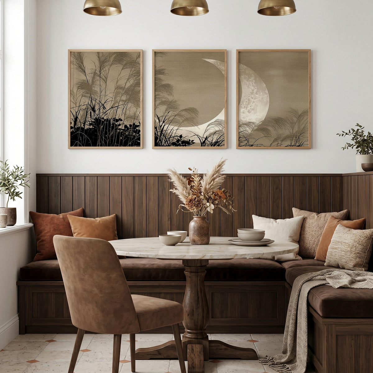 Japan Paintings Crescent Moon & Pampas Grass Japandi wall art displayed on a wall in a styled room — view 3