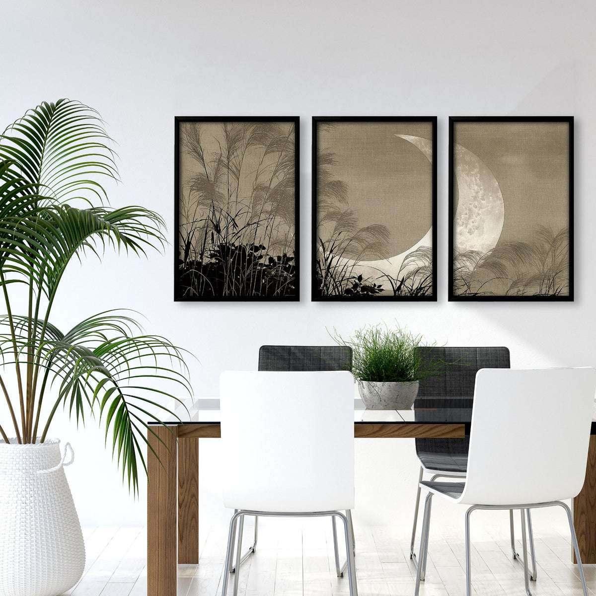 Japan Paintings Crescent Moon & Pampas Grass Japandi wall art displayed on a wall in a styled room — view 4