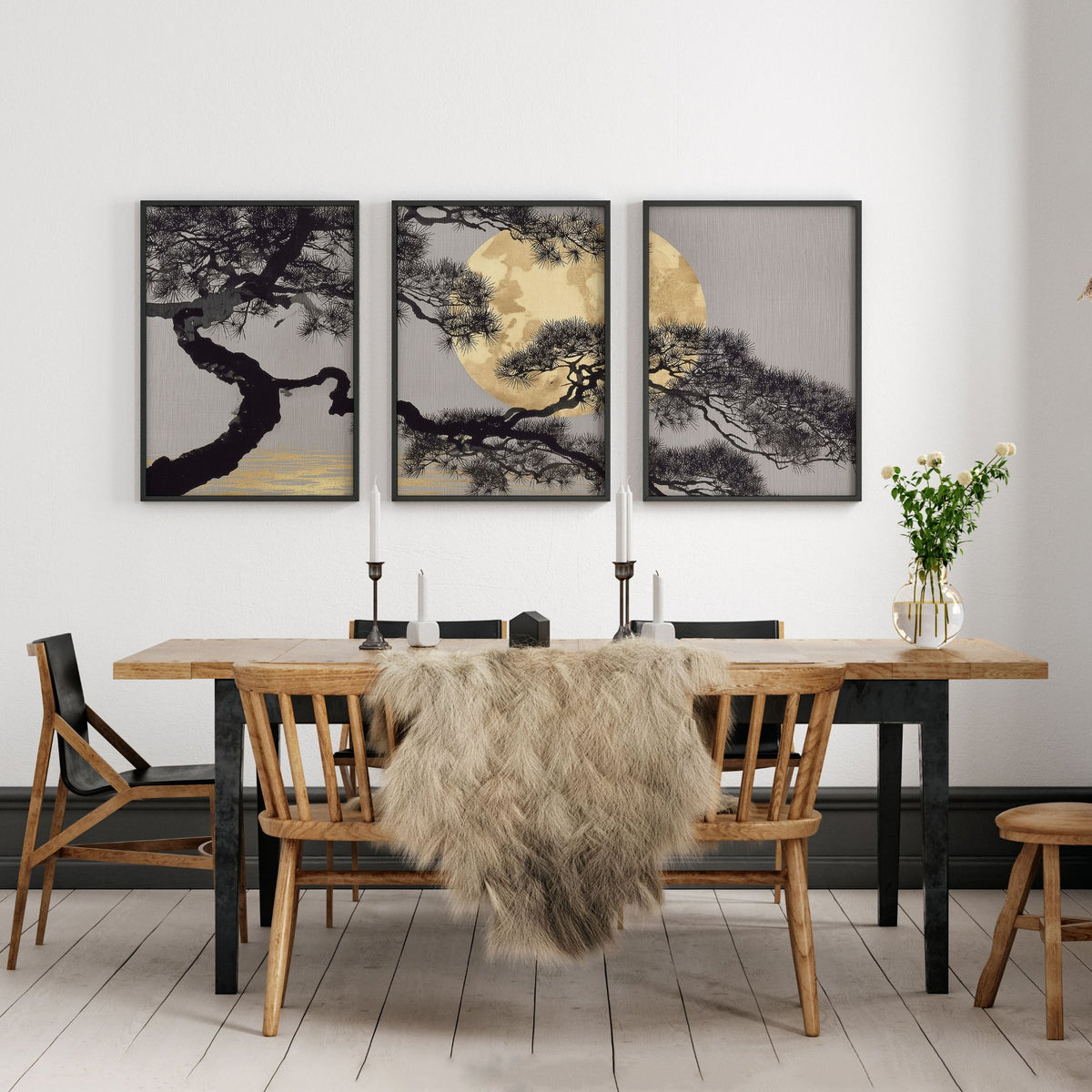 Japan Wall Art Japanese Pine Tree & Moon Grey Gold Tones displayed on a wall in a styled room