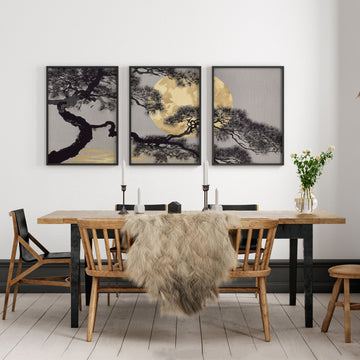 Japan Wall Art Japanese Pine Tree & Moon Grey Gold Tones displayed on a wall in a styled room