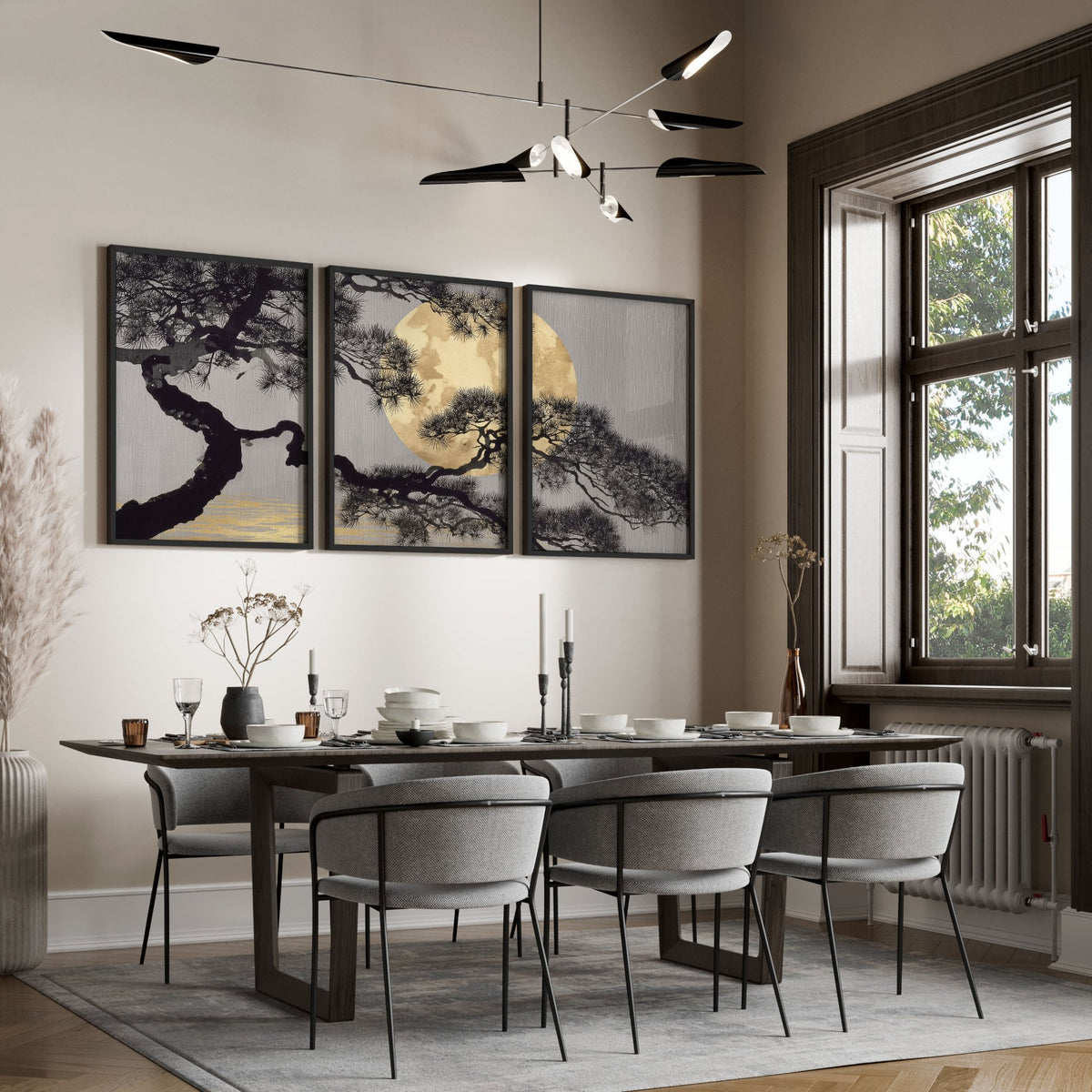 Japan Wall Art Japanese Pine Tree & Moon Grey Gold Tones displayed on a wall in a styled room — view 2
