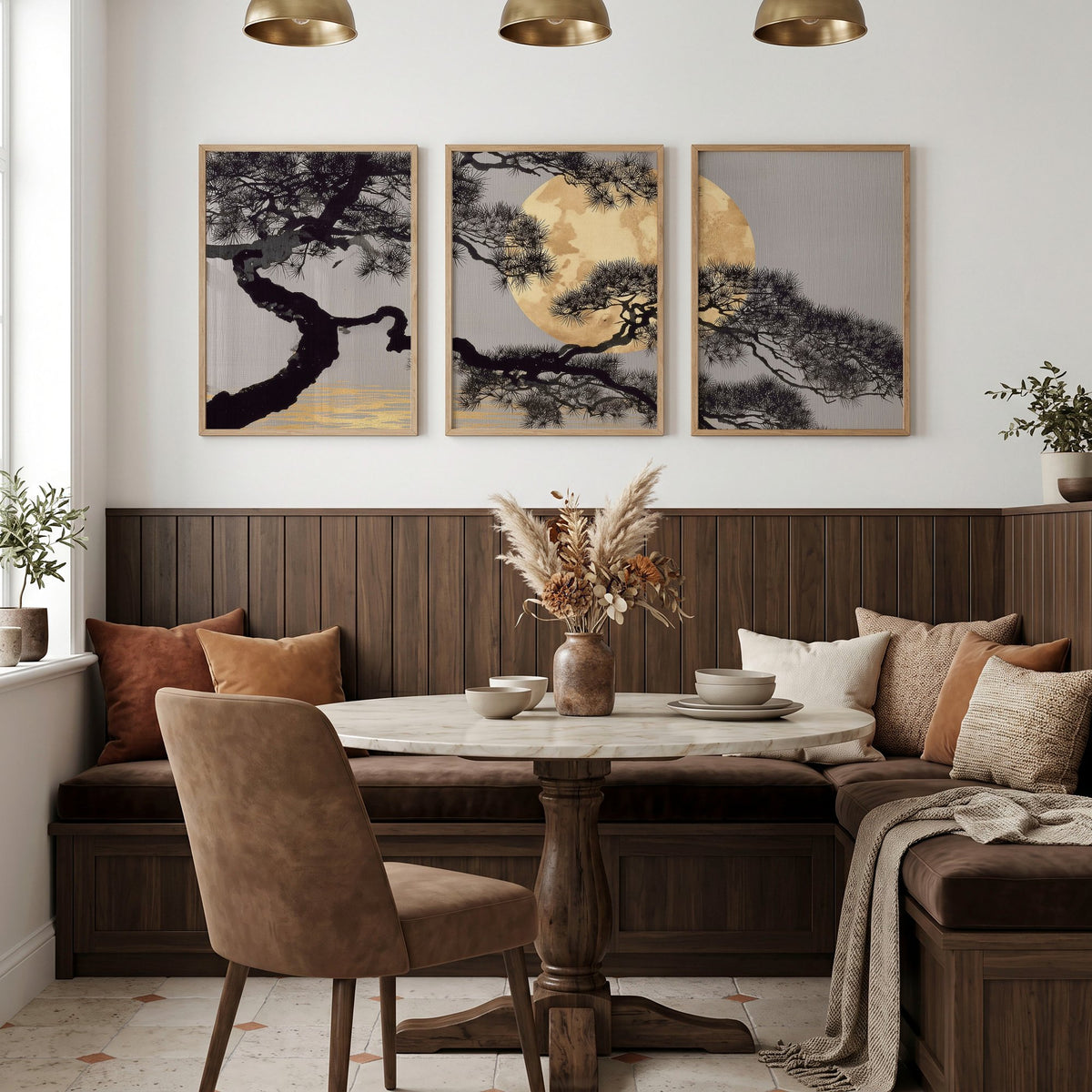 Japan Wall Art Japanese Pine Tree & Moon Grey Gold Tones displayed on a wall in a styled room — view 5