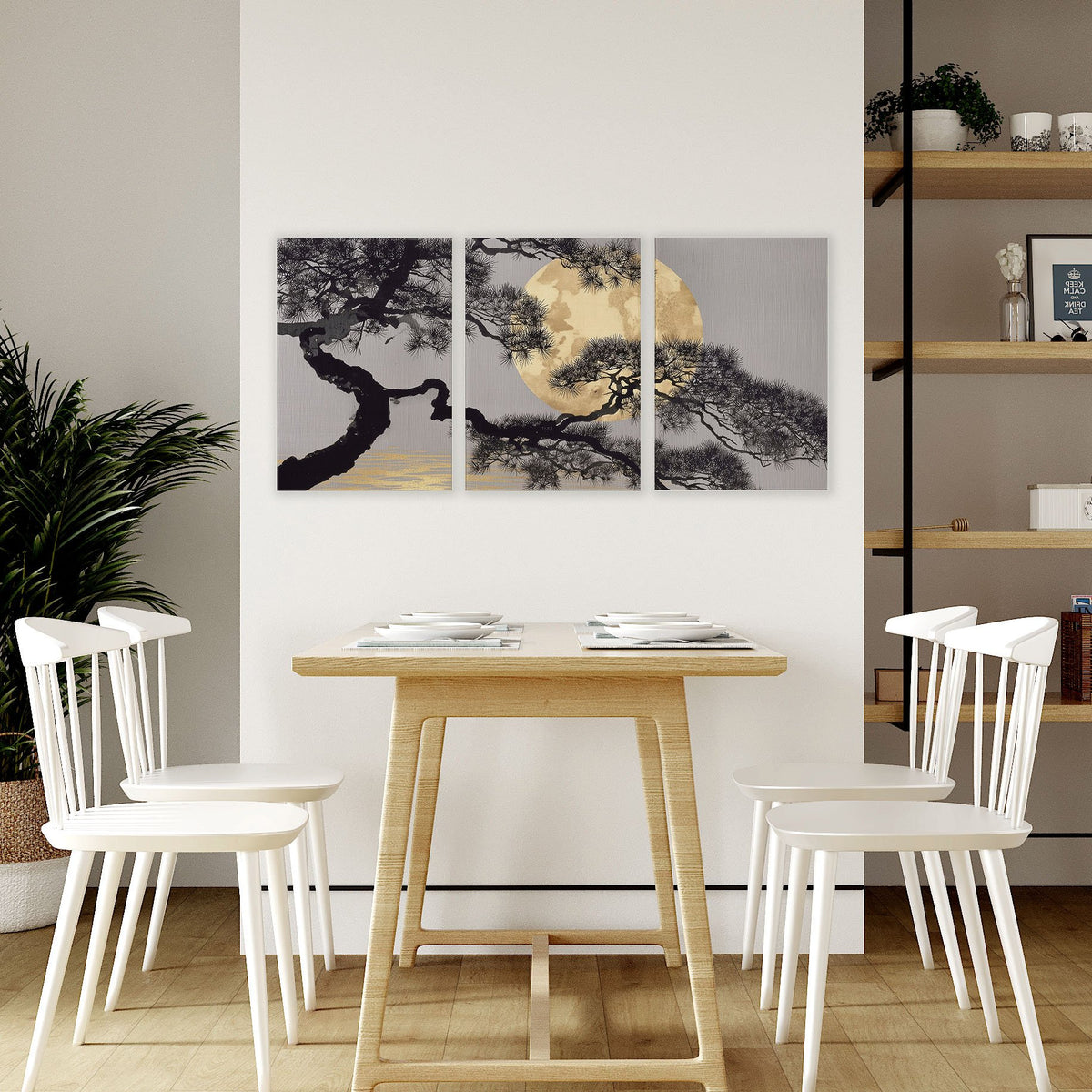Japan Wall Art Japanese Pine Tree & Moon Grey Gold Tones displayed on a wall in a styled room — view 7