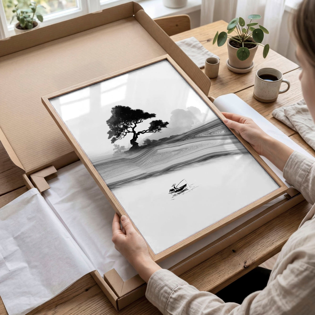 Japandi Landscape Artworks | Japanese Ink Grey Misty Trees & Red Moon | Set of 3