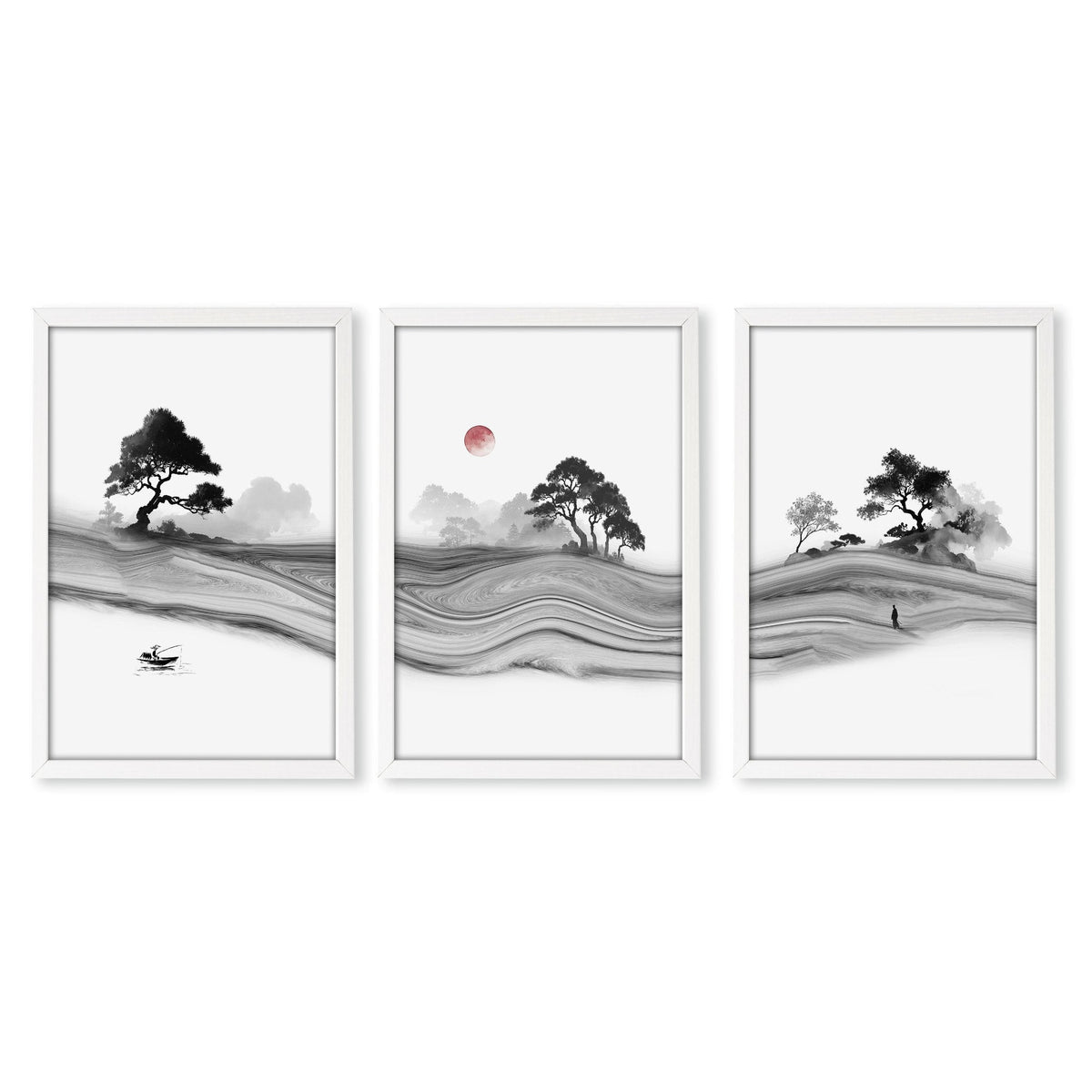 Japandi Landscape Artworks | Japanese Ink Grey Misty Trees & Red Moon | Set of 3