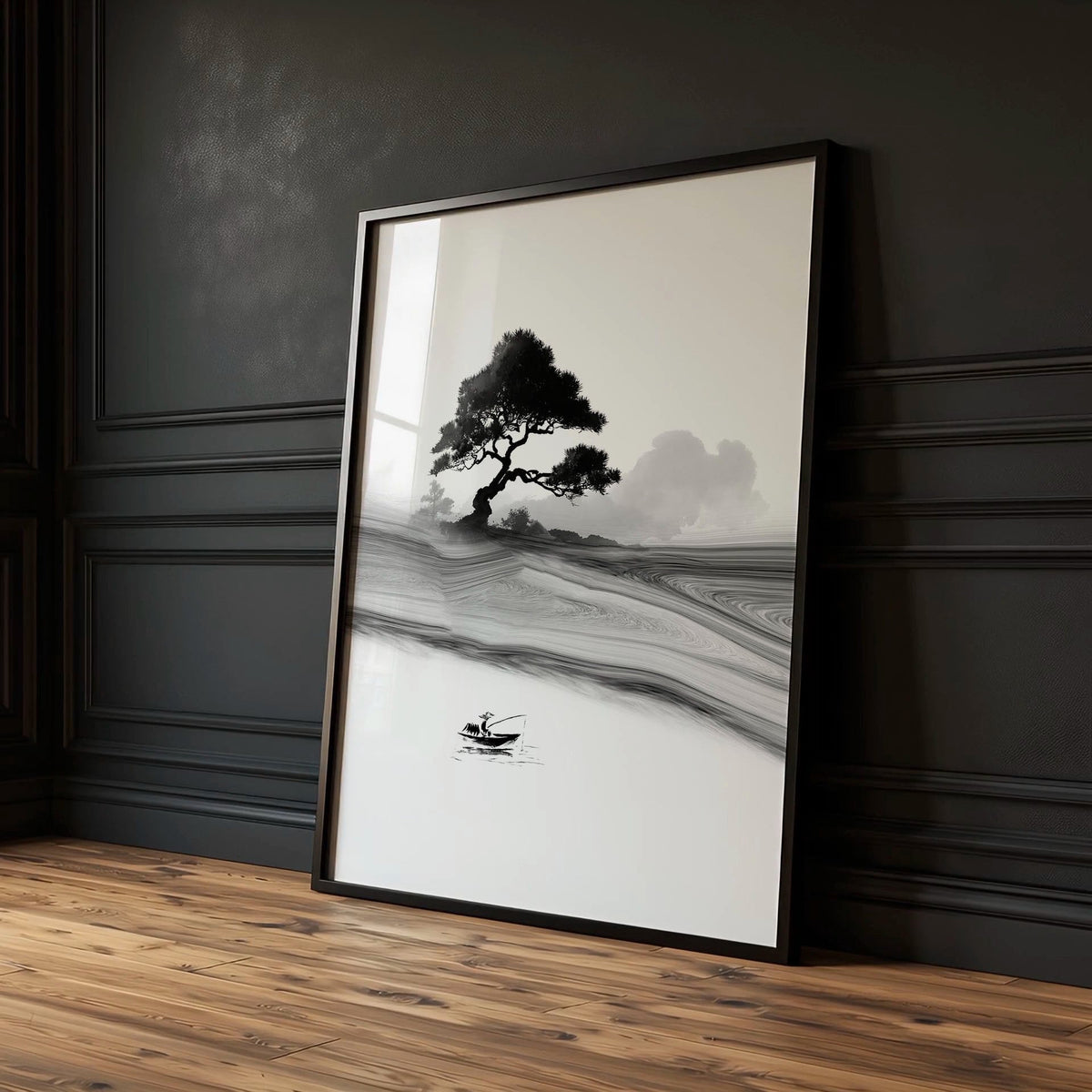 Japandi Landscape Artworks | Japanese Ink Grey Misty Trees & Red Moon | Set of 3