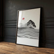 Japandi Landscape Artworks | Japanese Ink Grey Misty Trees & Red Moon | Set of 3