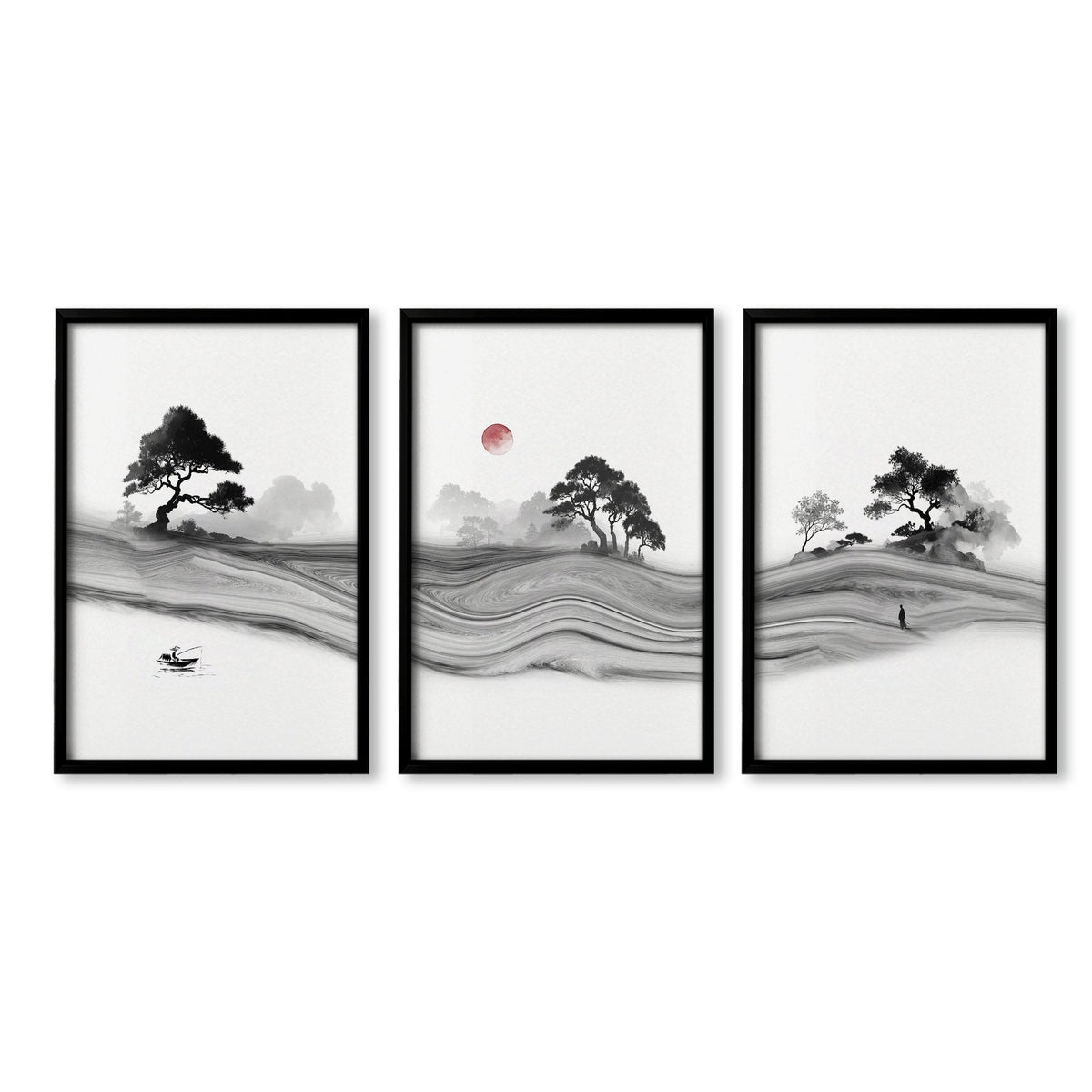 Japandi Landscape Artworks | Japanese Ink Grey Misty Trees & Red Moon | Set of 3