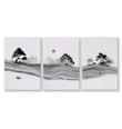 Japandi Landscape Artworks | Japanese Ink Grey Misty Trees & Red Moon | Set of 3