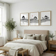 Japandi Landscape Artworks | Japanese Ink Grey Misty Trees & Red Moon | Set of 3