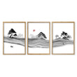 Japandi Landscape Artworks | Japanese Ink Grey Misty Trees & Red Moon | Set of 3