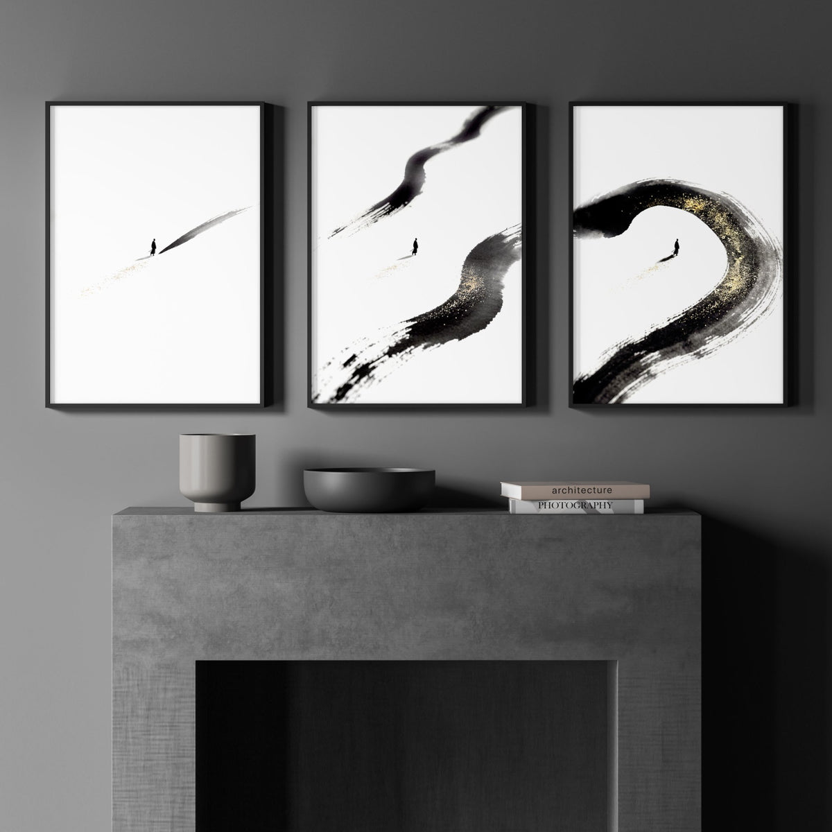 Japandi Wall Decor Black Ink Brush Solitary Figure with Gold-Toned Accents displayed on a wall in a styled room