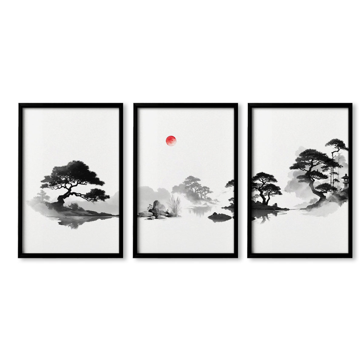 Japanese Art Ink Wash Landscape with Red Sun wall art in a black frame