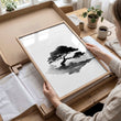Japanese Art Ink Wash Landscape with Red Sun Wall Art Prints | Set of 3