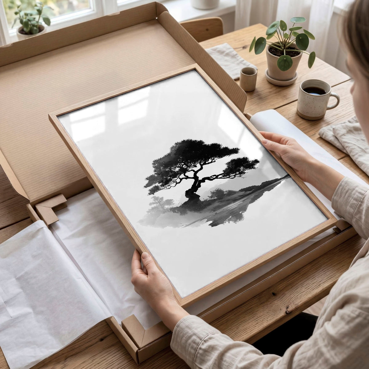 Japanese Art Ink Wash Landscape with Red Sun Wall Art Prints | Set of 3