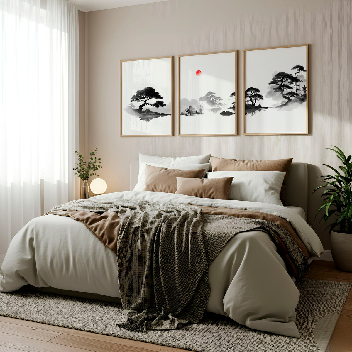 Japanese Art Ink Wash Landscape with Red Sun Wall Art Prints | Set of 3