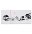 Japanese Art Ink Wash Landscape with Red Sun Wall Art Prints | Set of 3
