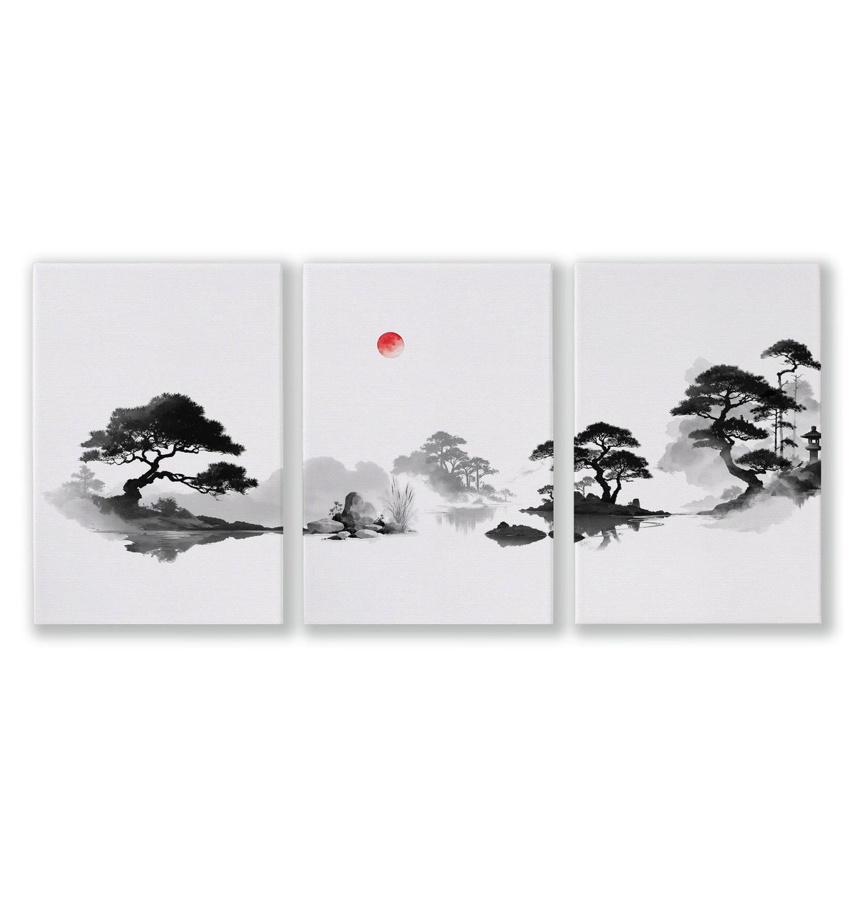 Japanese Art Ink Wash Landscape with Red Sun Wall Art Prints | Set of 3
