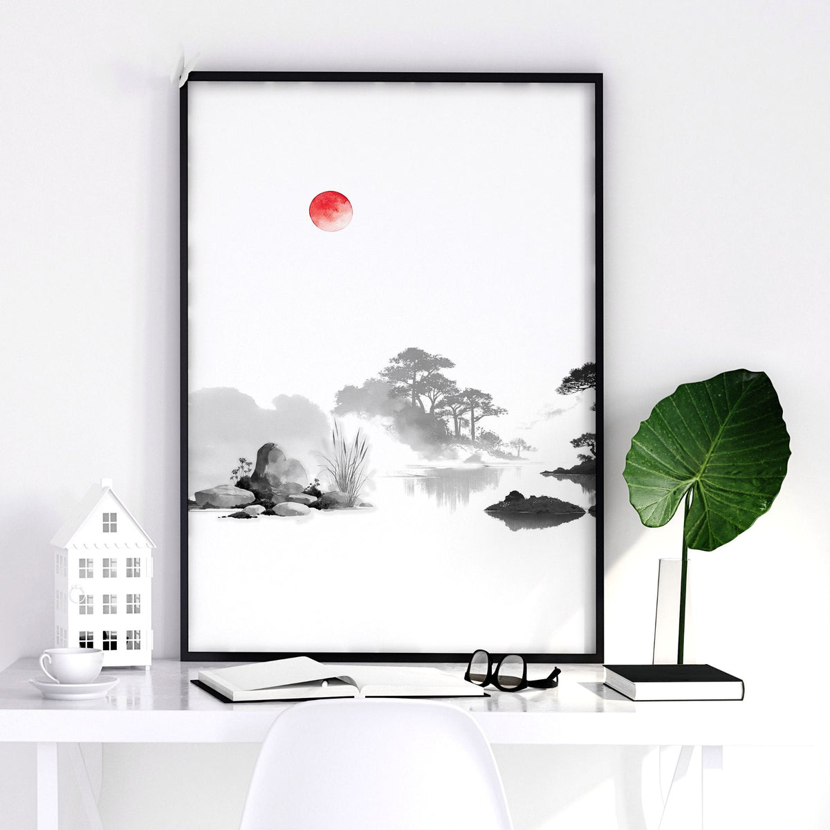 Japanese Art Ink Wash Landscape with Red Sun Wall Art Prints | Set of 3