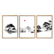 Japanese Art Ink Wash Landscape with Red Sun Wall Art Prints | Set of 3
