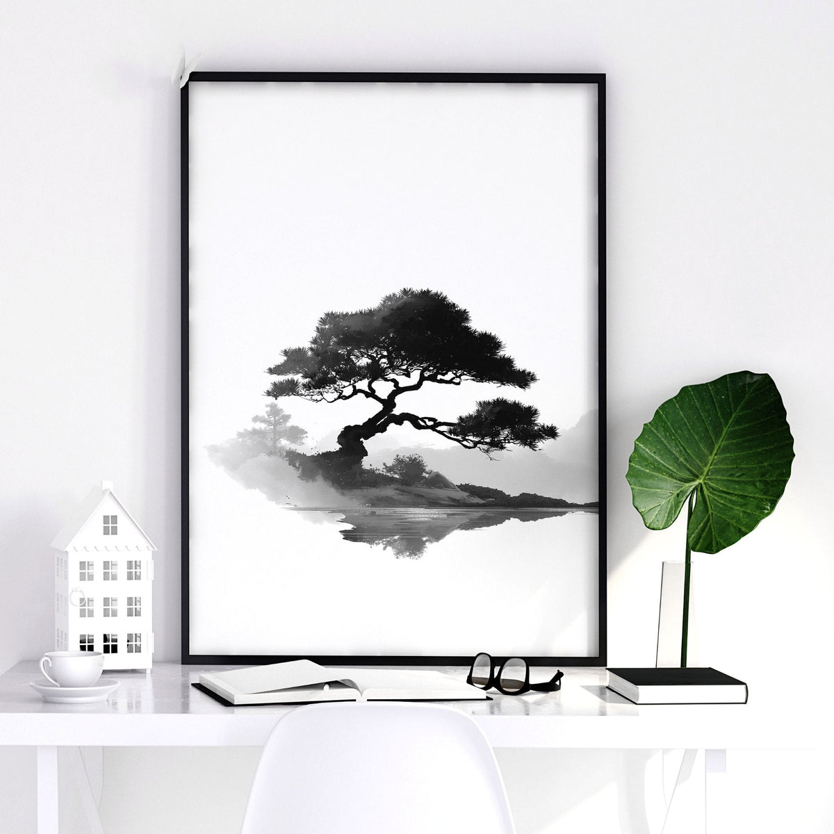 Japanese Art Ink Wash Landscape with Red Sun Wall Art Prints | Set of 3