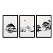 Japanese Art Ink Wash Landscape with Red Sun Wall Art Prints | Set of 3