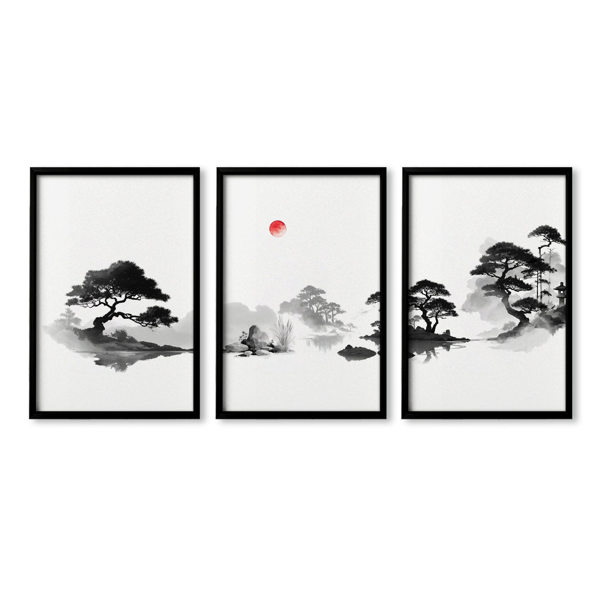 Japanese Art Ink Wash Landscape with Red Sun Wall Art Prints | Set of 3