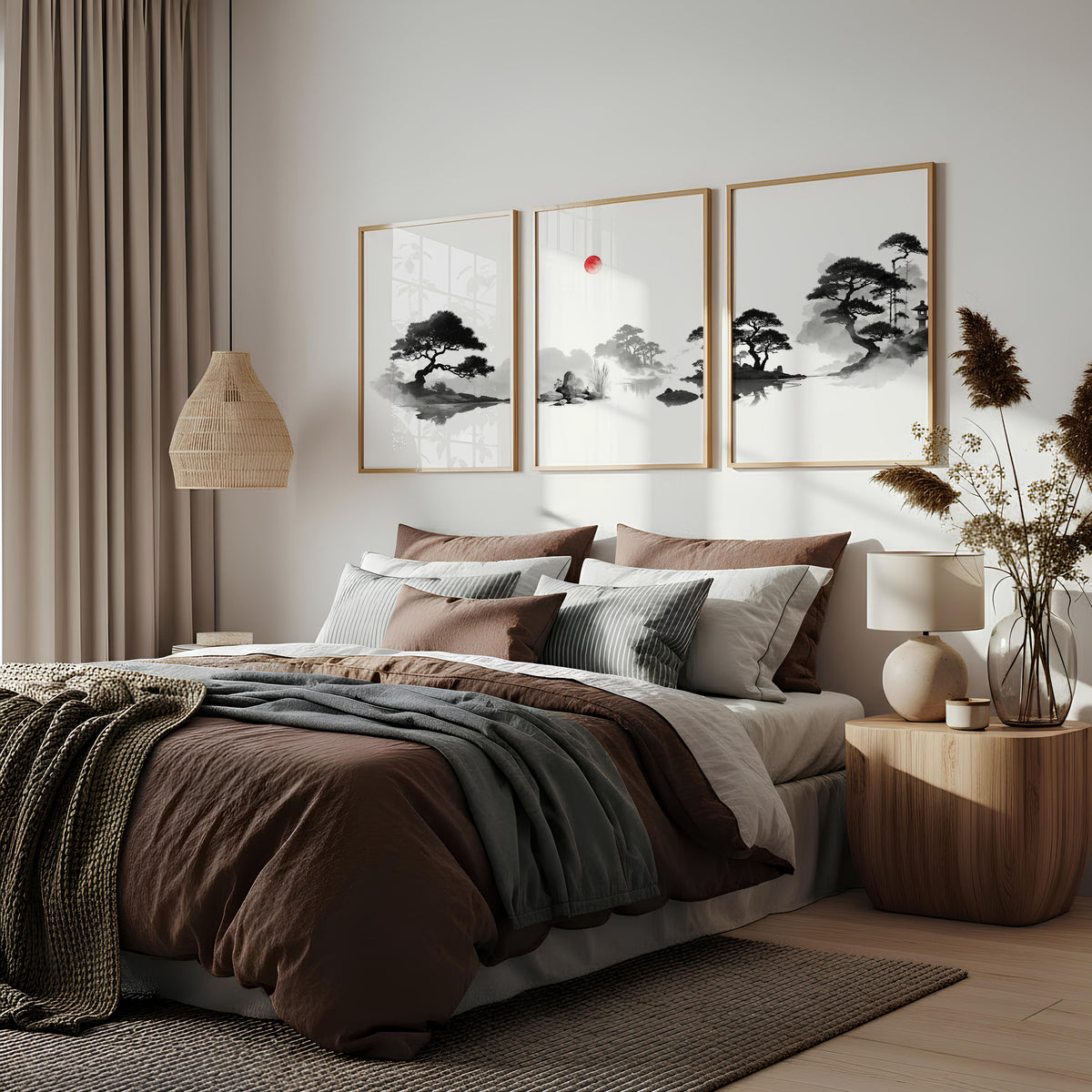 Japanese Art Ink Wash Landscape with Red Sun wall art displayed on a wall in a styled room — view 2