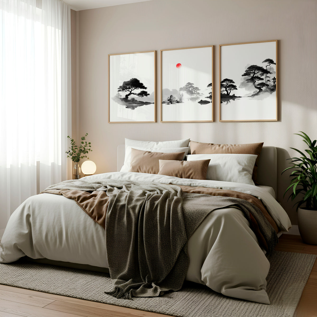 Japanese Art Ink Wash Landscape with Red Sun wall art displayed on a wall in a styled room — view 3