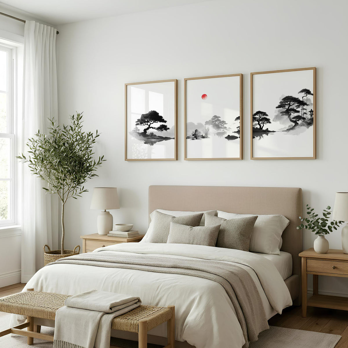 Japanese Art Ink Wash Landscape with Red Sun wall art displayed on a wall in a styled room — view 4